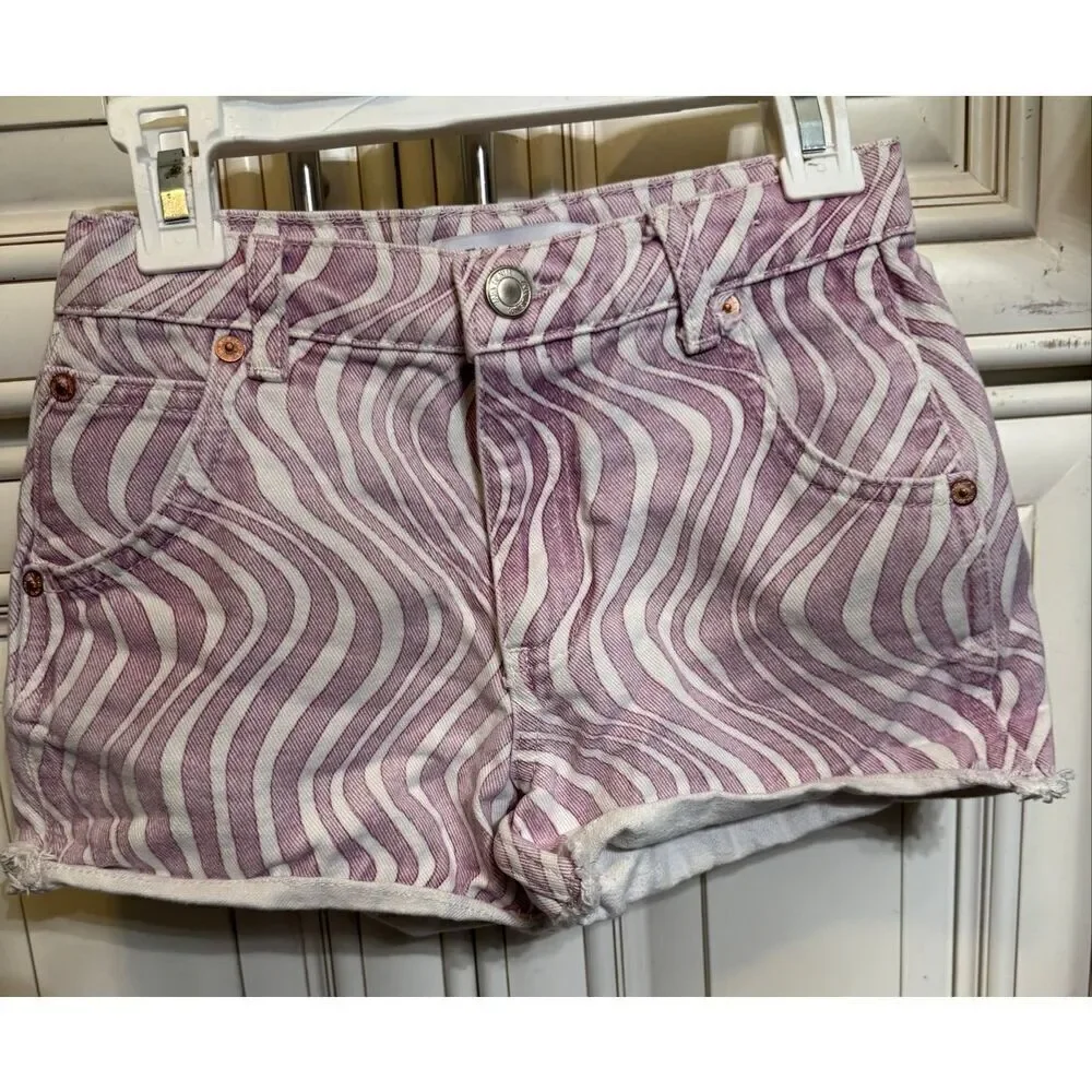 Zara Girls Wave Print Frayed Hem Cotton Denim Cut Off Shorts Pink White Size 8